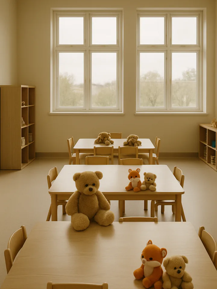 A daycare room with small tables, chairs and teddy bears