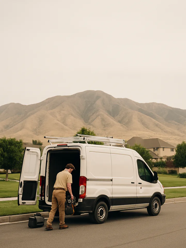 A technician unloading a work van outside a house, with mountains behind