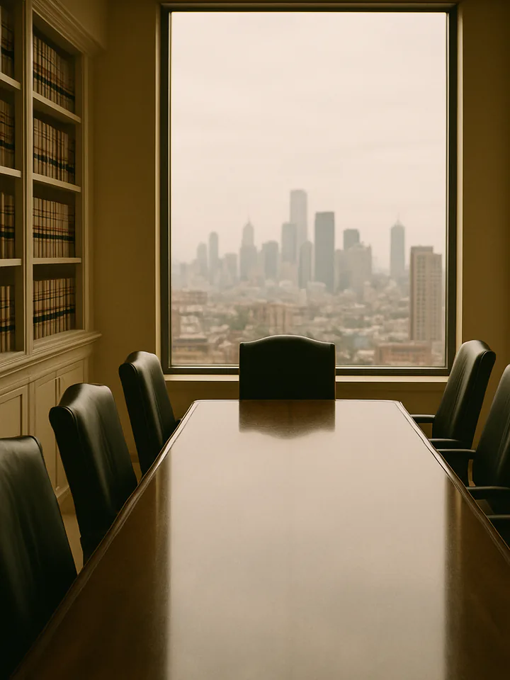 A conference room lined with law books, looking out over a city skyline