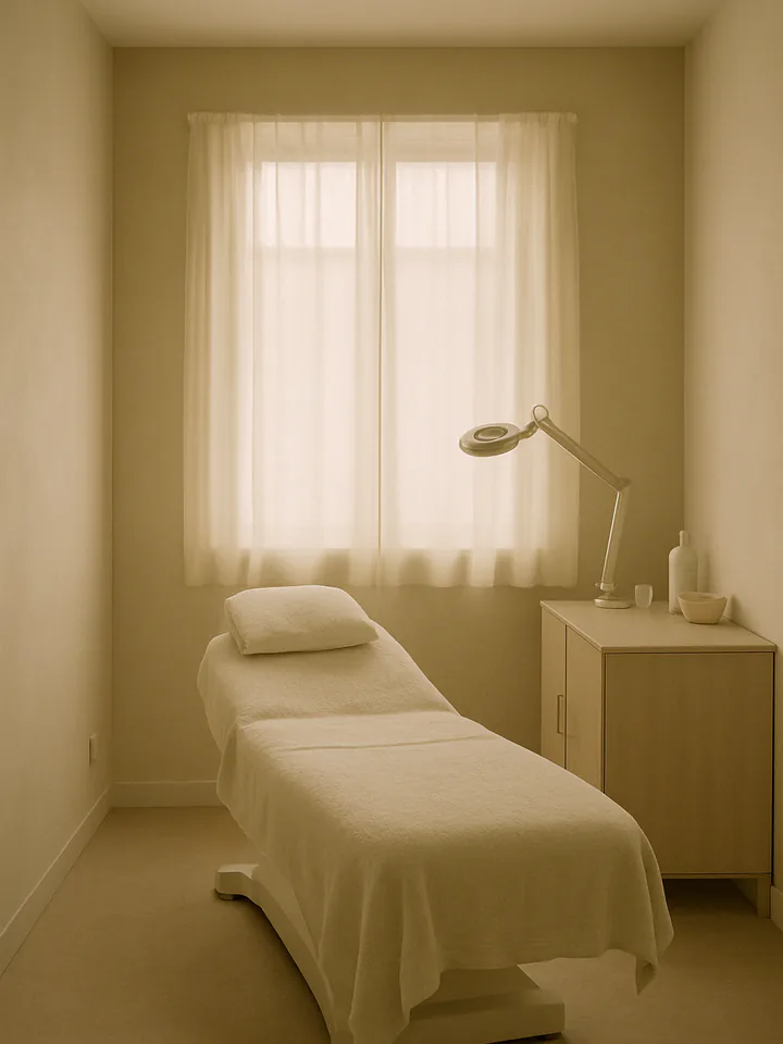 A treatment bed and lamp in a quiet med spa room