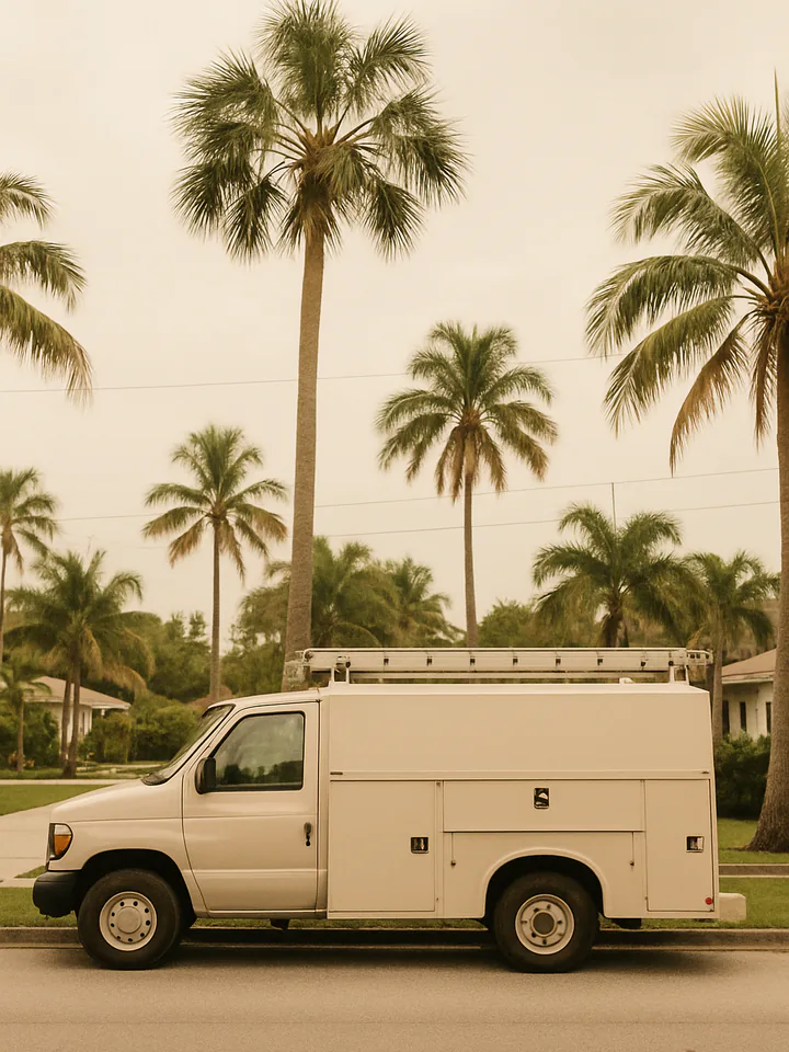 A service truck parked on a street lined with palm trees