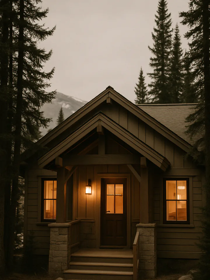 A mountain home with its lights on, surrounded by pine trees